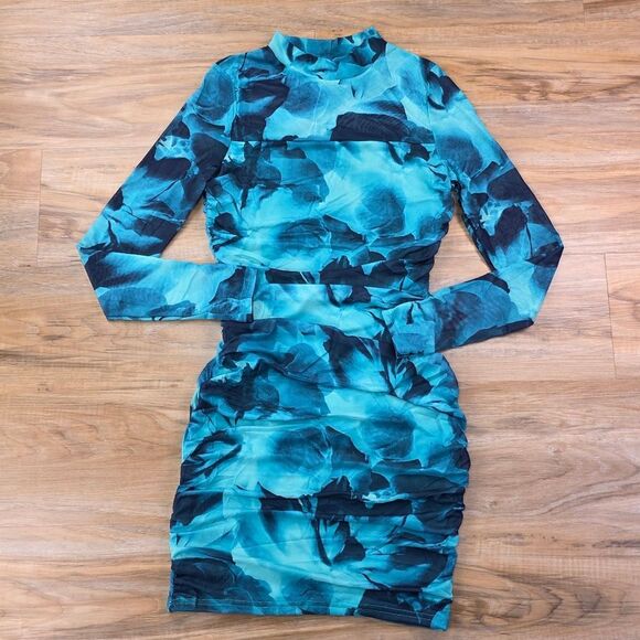 🔸️NWT Emerald Blue Floral Bodycon Mesh Long Sleeve Dress Small - Picture 3 of 16
